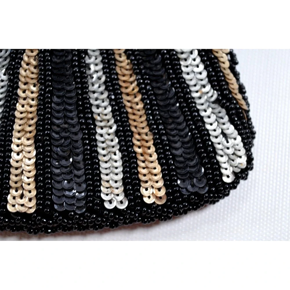 Vtg Gold Silver Sequined Beaded Handbag Purse Evening Purse Handmade Hong Kong
